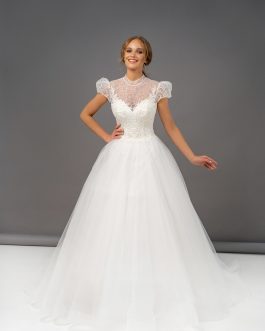 Elaine – Robe mariée tulle volume col montant illusion, tulle rebrodé sequins & grande traîne