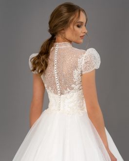 Elaine – Robe mariée tulle volume col montant illusion, tulle rebrodé sequins & grande traîne