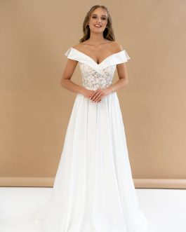 Gisèle – Robe mariée coupe A sur-mesure épaules dénudées, corset dentelle perlée & jupe satin