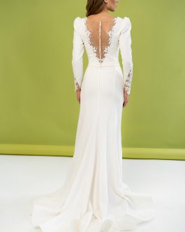 Madeline – Robe mariée manches longues sur-mesure fourreau crêpe