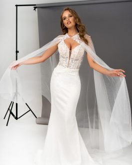 Médéa – Robe mariée cape tulle sur-mesure sirène, corset dentelle brodée & cape tulle amovible