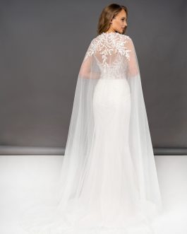 Médéa – Robe mariée cape tulle sur-mesure sirène, corset dentelle brodée & cape tulle amovible