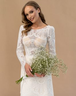 Miléna – Robe mariée bohème sur-mesure dentelle guipure Paisley, manches longues