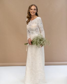 Miléna – Robe mariée bohème sur-mesure dentelle guipure Paisley, manches longues