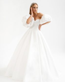 Paola – Robe mariée mikado sur-mesure bustier cœur, manches bouffantes amovibles & nœud dos