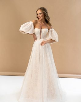 Sabine – Robe mariée corset sur-mesure dentelle géométrique, manches lanterne