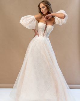 Sabine – Robe mariée corset sur-mesure dentelle géométrique, manches lanterne